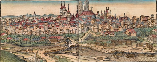 Älteste Stadtansicht von München aus der Weltchronik von Hartmann Schedel, 1493 - hier als später colorierte Ausgabe
